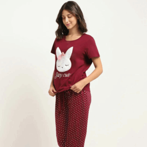 2 Pcs Printed Cotton Jersey Ladies Night Dress