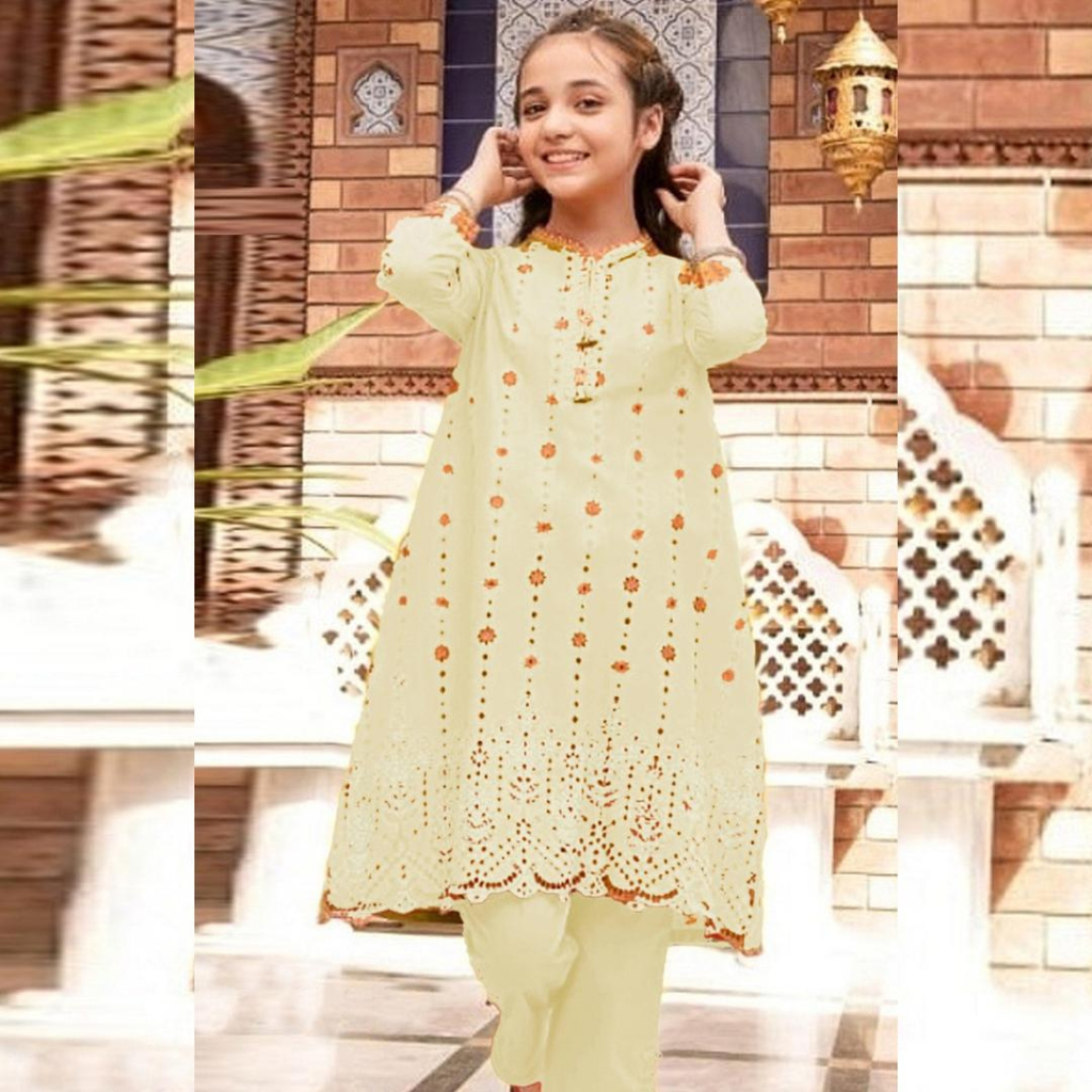 2 Pcs Girls Linen Embroidered Unstitched Dress