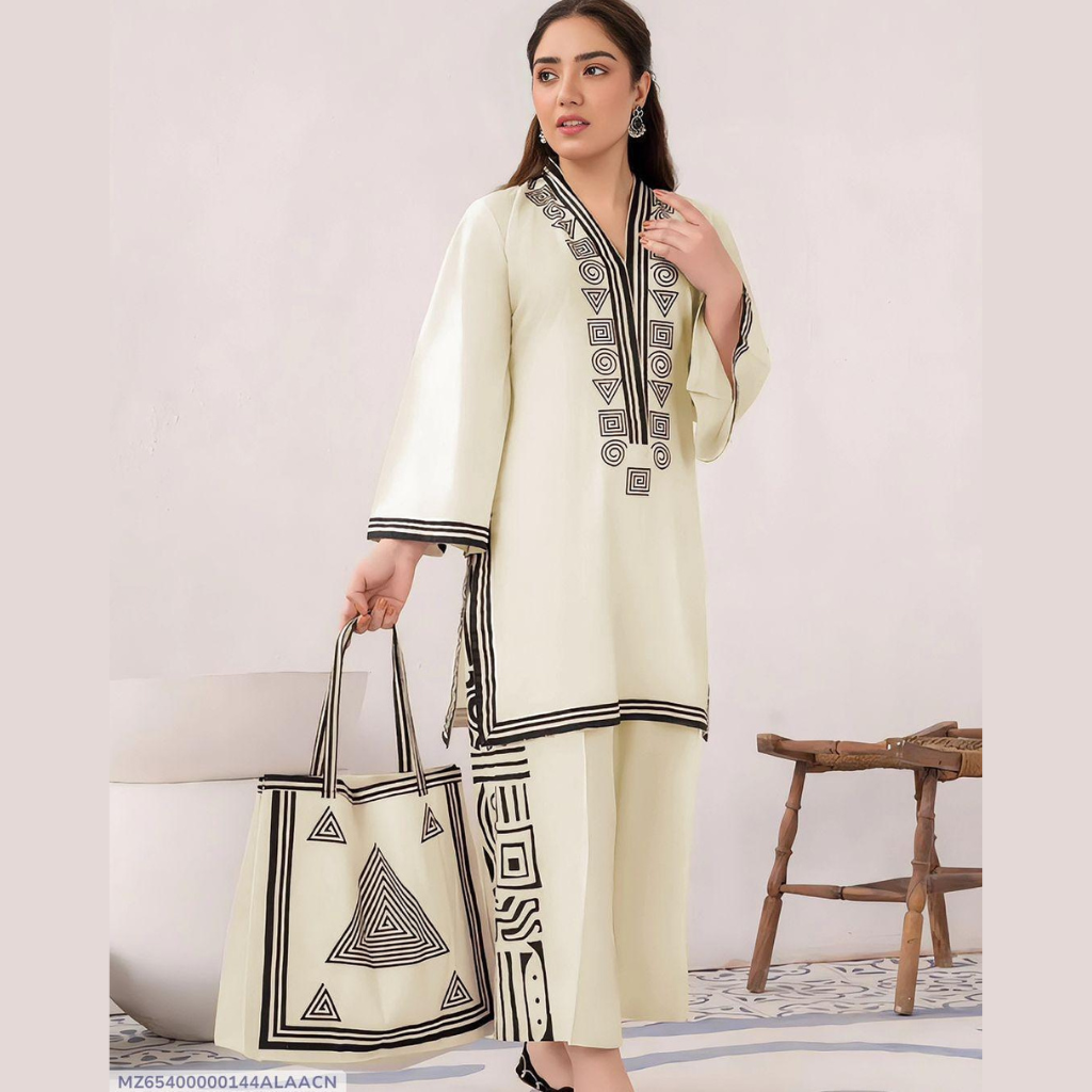 2 Pcs Ladies Stitched Linen Printed Dress With Handbag