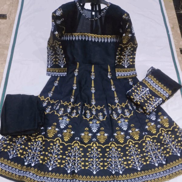 3 Pcs Elegant Teal Cotton Silk Block Printed Maxi Dress