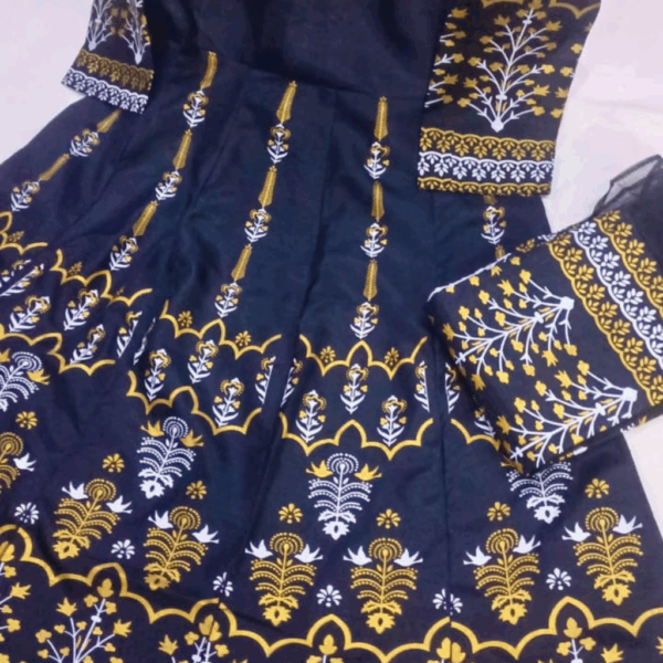 3 Pcs Elegant Teal Cotton Silk Block Printed Maxi Dress - Image 3