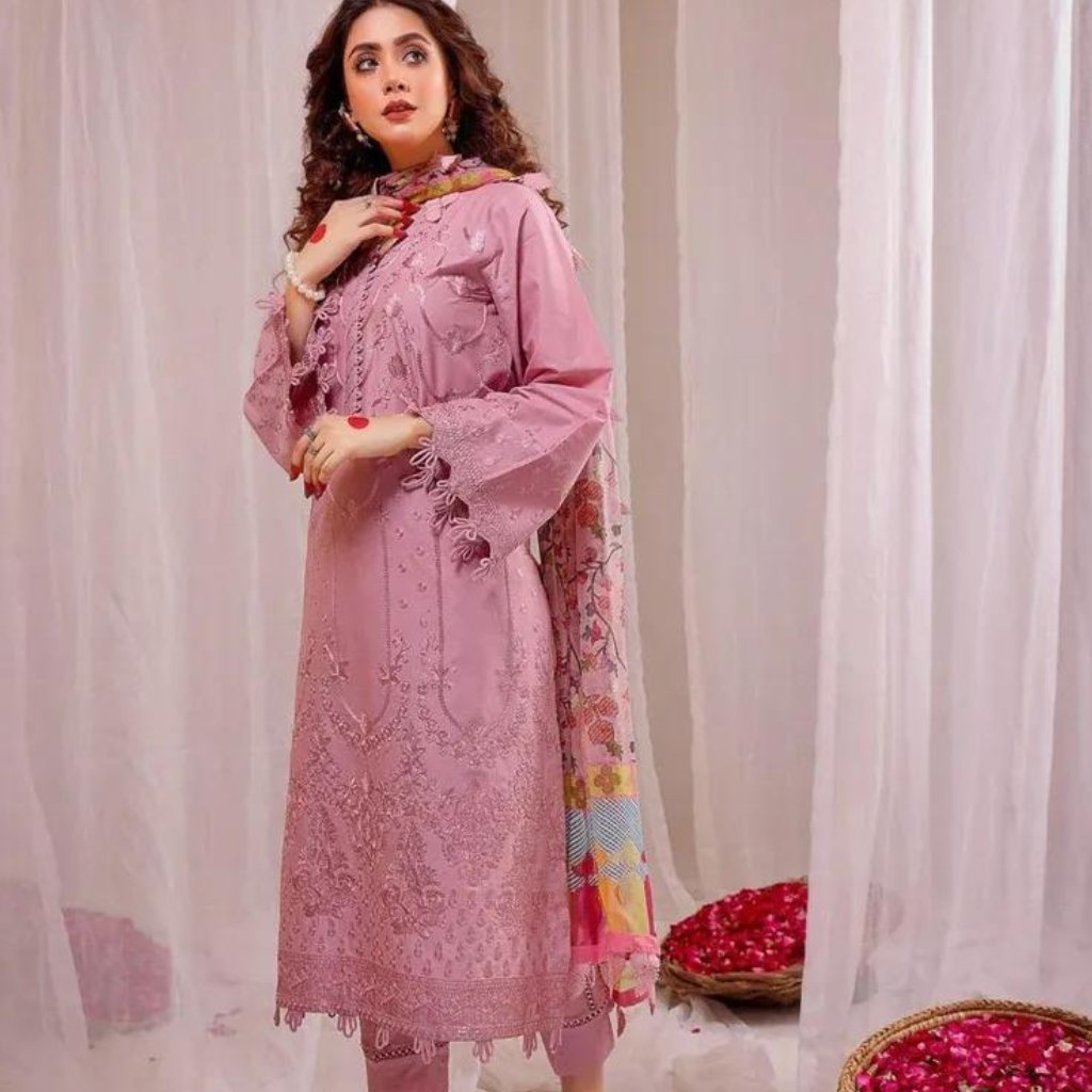 3 Pcs Ladies Unstitched Chikankari Embroidered Dress
