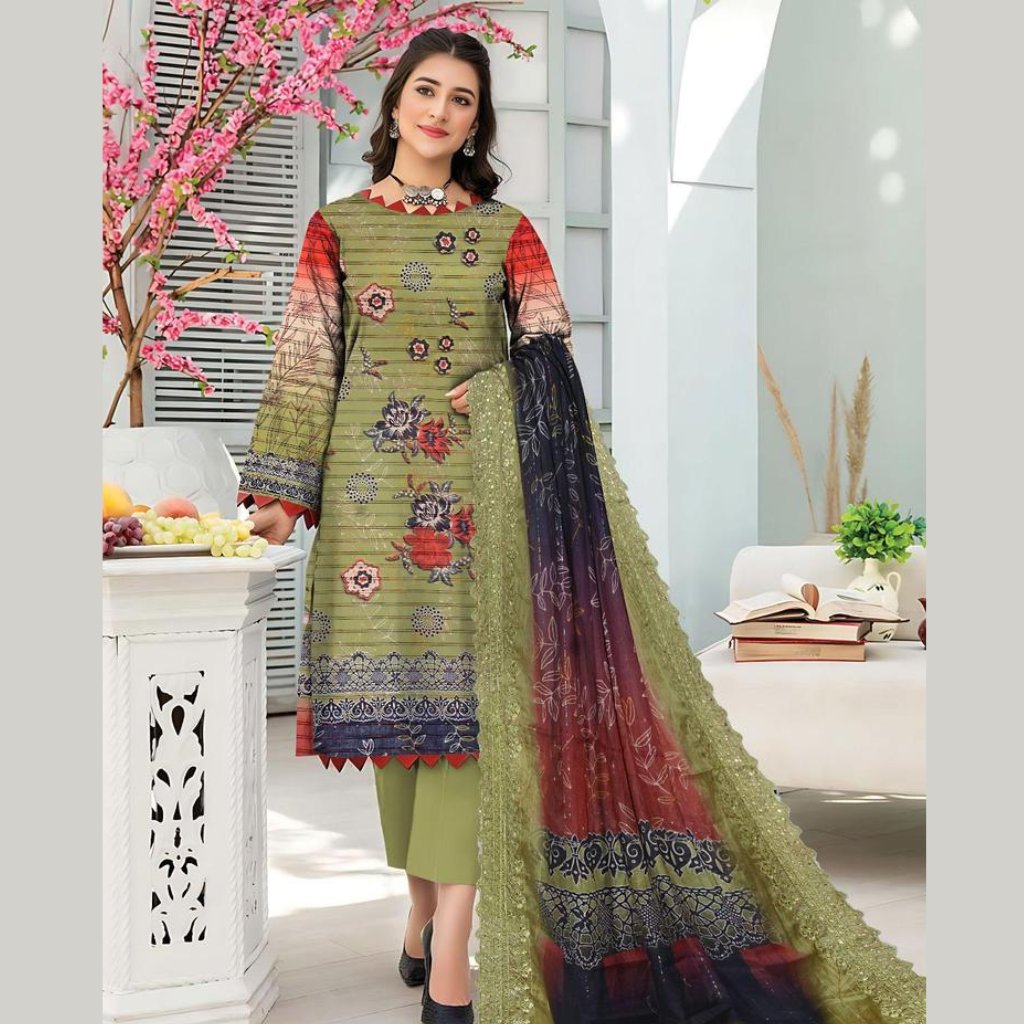 3 Pcs Ladies Unstitched Lawn Embroidered Dress