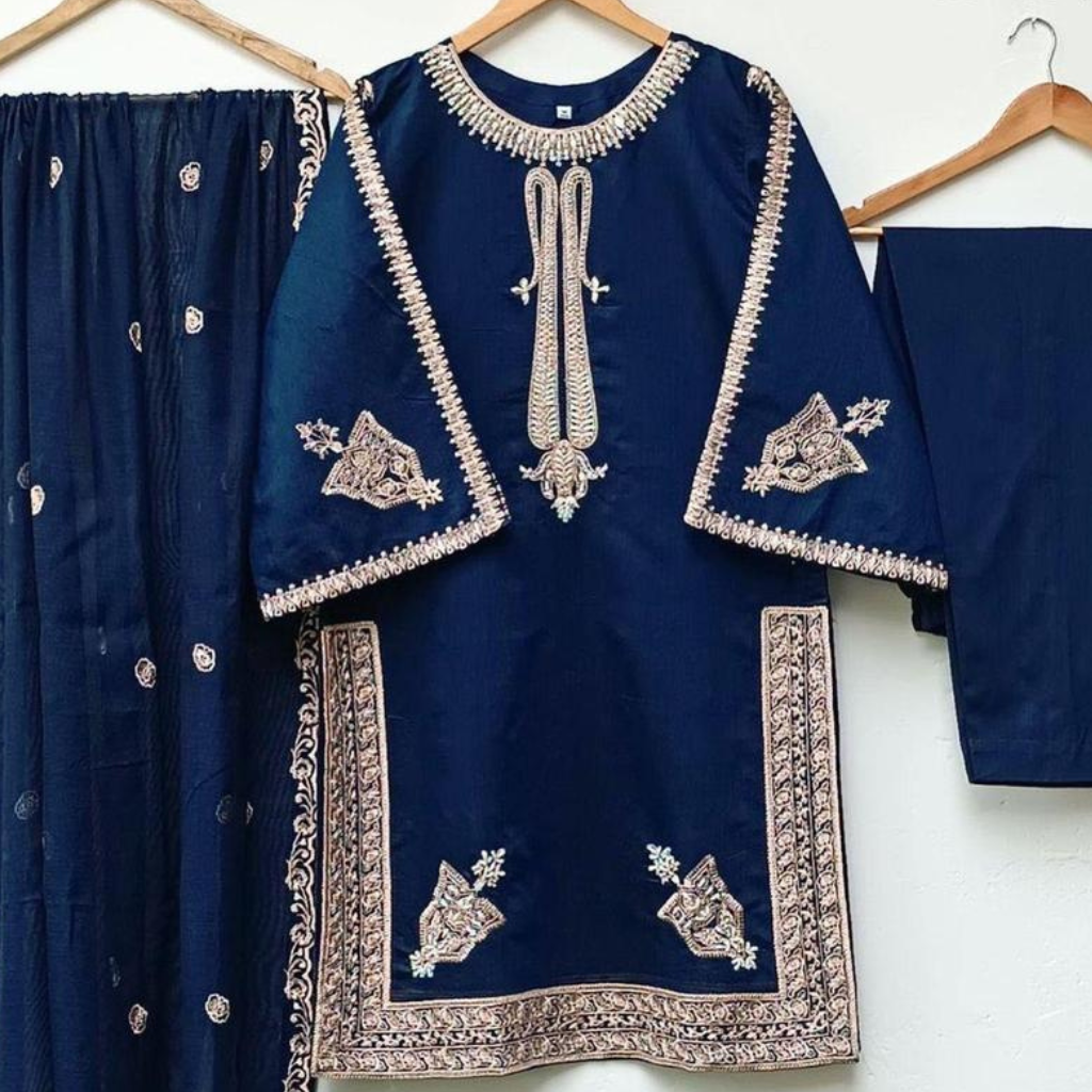 3 Pcs women’s Stitched Shamoz Silk Embroidered Dress