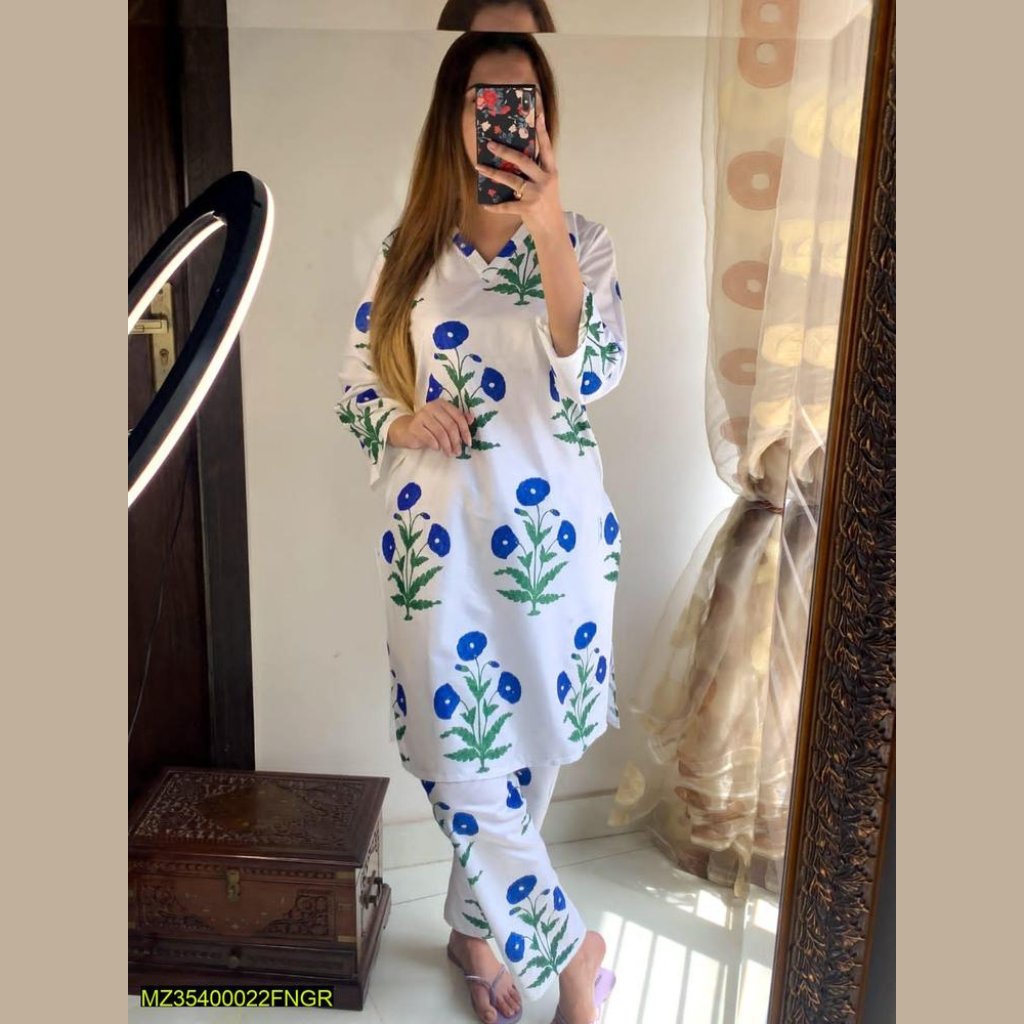 2 Pcs Ladies Stitched Linen Printed Dress