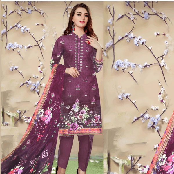 3 Pcs Ladies Unstitched Embroidered Lawn Dress Design