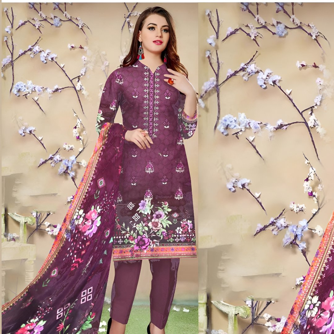 3 Pcs Ladies Unstitched Embroidered Lawn Dress Design